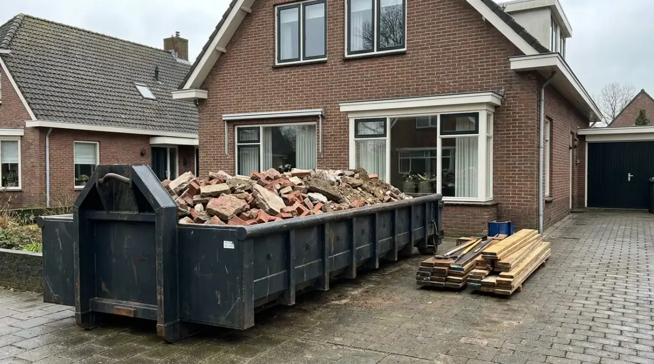 Container met sloopafval voor een woning